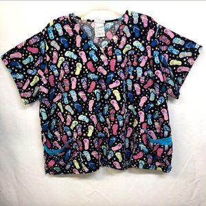 5x Scrub Top Black Floral Flip Flop Beach Print